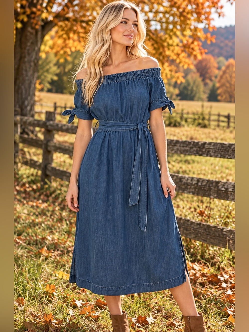 J Crew S 2 4 Chambray Midi Dress Blue Off Shoulder Belted Sleeve Cotton Country